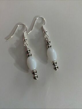 White Bead Drop Earrings with Silver Accents - Good Vibes 😎 Only Jewelry Co.